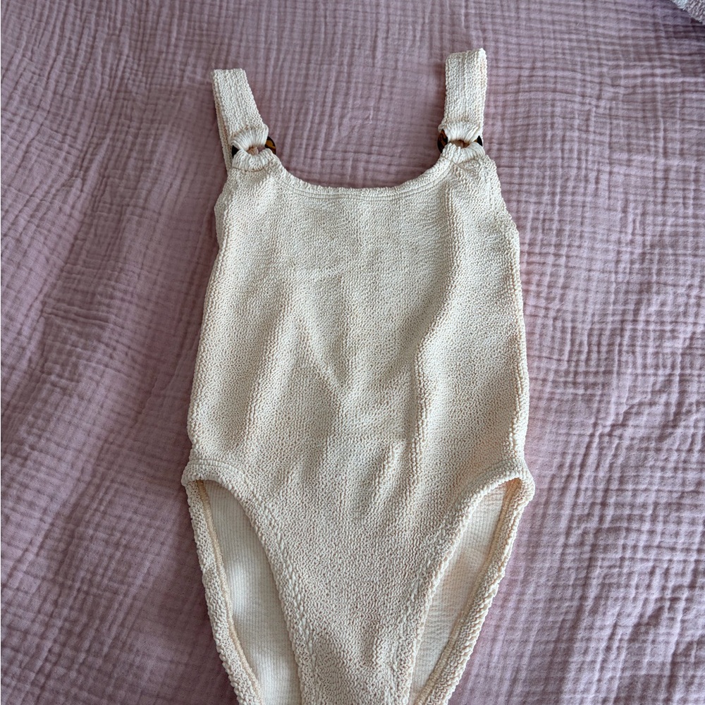 Hunza G Cream Textured One-Piece Swimsuit with Ring Detail